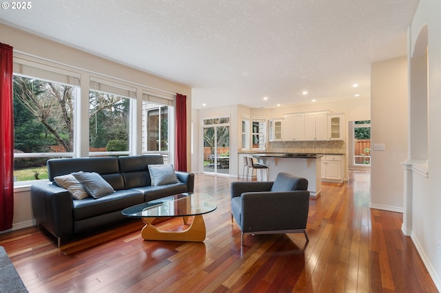 living room with a textured ceiling and wood-type flooring