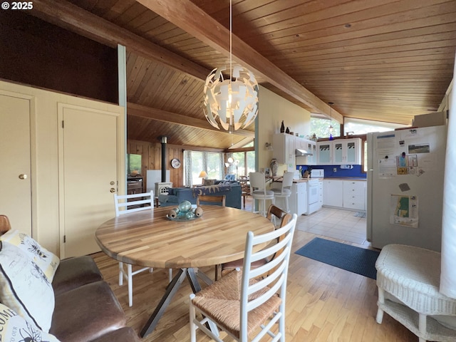 25760 Nedonna Ave, Rockaway Beach, OR 97136 - dining area with wooden ceiling, a chandelier, and light wood-type flooring