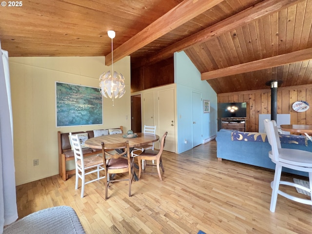 25760 Nedonna Ave, Rockaway Beach, OR 97136 - dining space with wooden ceiling, light wood-style flooring, and a chandelier