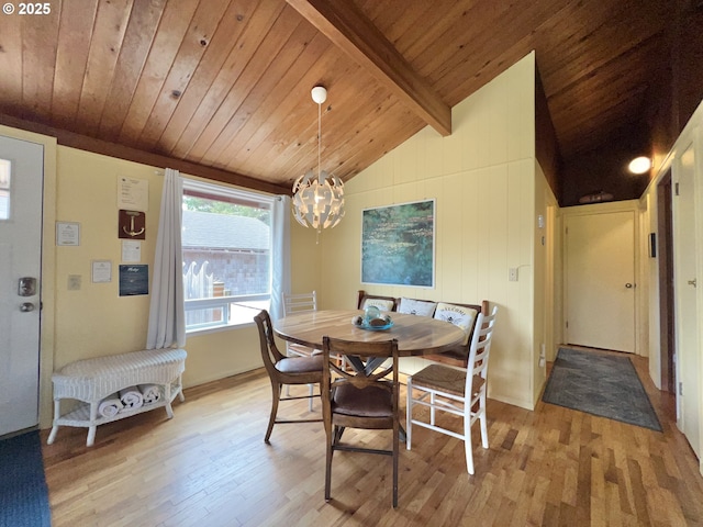 25760 Nedonna Ave, Rockaway Beach, OR 97136 - dining area featuring light wood-type flooring, a chandelier, and wooden ceiling