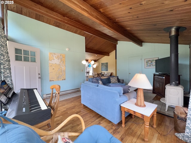 25760 Nedonna Ave, Rockaway Beach, OR 97136 - living room with a baseboard heating unit, wood-type flooring, a wood stove, wooden ceiling, and a chandelier