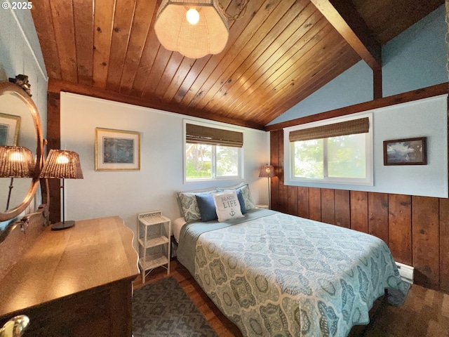 25760 Nedonna Ave, Rockaway Beach, OR 97136 - bedroom with wooden ceiling, lofted ceiling, wooden walls, and a baseboard radiator