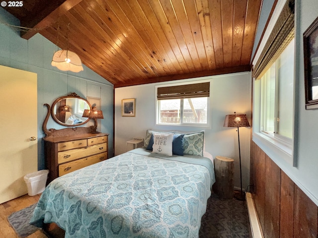 25760 Nedonna Ave, Rockaway Beach, OR 97136 - bedroom with vaulted ceiling, wooden ceiling, and wood walls