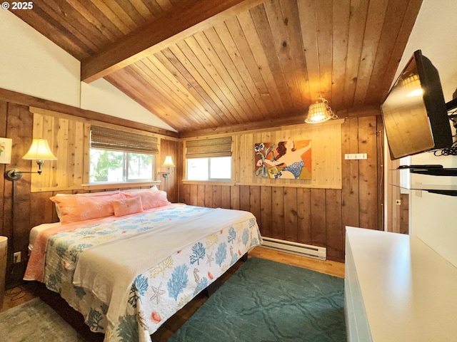 25760 Nedonna Ave, Rockaway Beach, OR 97136 - bedroom with wood finished floors, a baseboard radiator, wooden walls, and wood ceiling