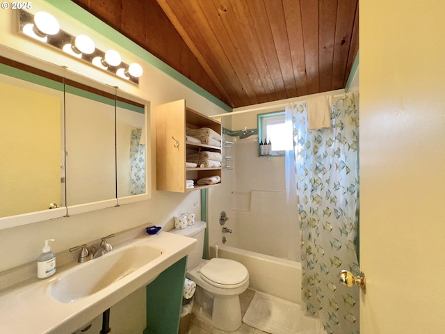 25760 Nedonna Ave, Rockaway Beach, OR 97136 - full bath with wood ceiling, shower / bath combination with curtain, vaulted ceiling, and tile patterned flooring