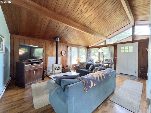 25760 Nedonna Ave, Rockaway Beach, OR 97136 - living room with wooden ceiling, a wood stove, and wood finished floors
