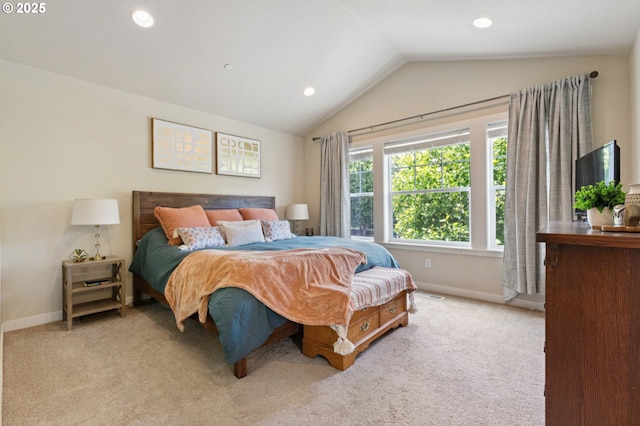 29250 SW Costa Cir E, Wilsonville, OR 97070 - carpeted bedroom featuring vaulted ceiling, baseboards, and recessed lighting