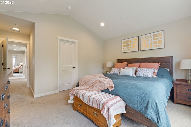 29250 SW Costa Cir E, Wilsonville, OR 97070 - bedroom featuring light carpet, lofted ceiling, recessed lighting, and baseboards