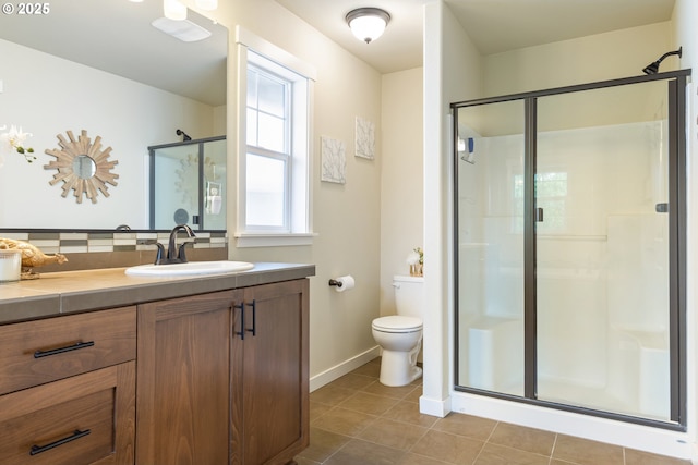 29250 SW Costa Cir E, Wilsonville, OR 97070 - bathroom featuring a shower stall, vanity, tile patterned floors, toilet, and baseboards
