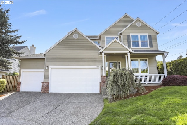view of front facade featuring a porch, brick siding, an attached garage, and driveway