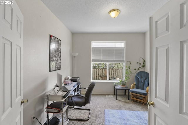 carpeted office space with baseboards and a textured ceiling