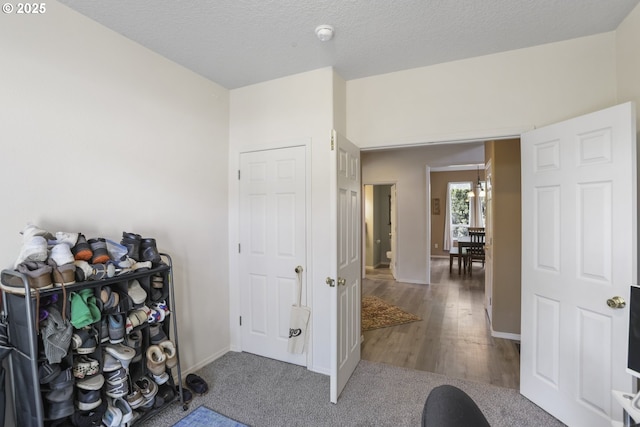 interior space with baseboards, carpet floors, and wood finished floors