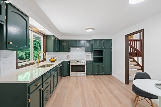 2845 SW Raleighview Dr, Portland, OR 97225 - kitchen with green cabinetry, appliances with stainless steel finishes, a sink, light countertops, and light wood finished floors