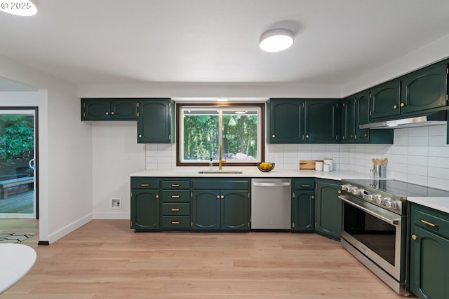 2845 SW Raleighview Dr, Portland, OR 97225 - kitchen featuring green cabinets, appliances with stainless steel finishes, light countertops, and a sink