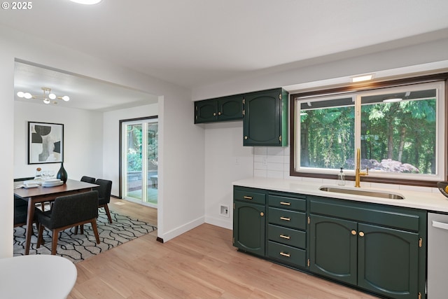 2845 SW Raleighview Dr, Portland, OR 97225 - kitchen with green cabinetry, light countertops, a sink, light wood finished floors, and stainless steel dishwasher