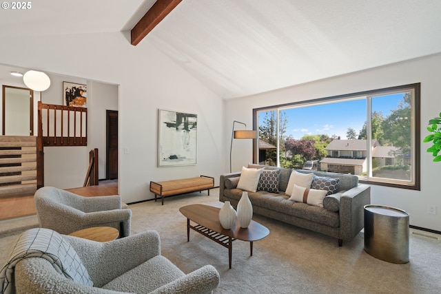 2845 SW Raleighview Dr, Portland, OR 97225 - living room with carpet, beam ceiling, high vaulted ceiling, and baseboards