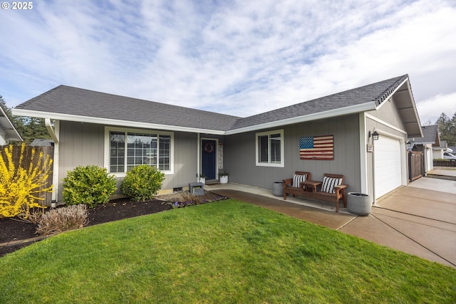 single story home featuring concrete driveway, a front yard, a shingled roof, and an attached garage