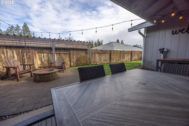 view of patio / terrace with an outdoor fire pit and a fenced backyard