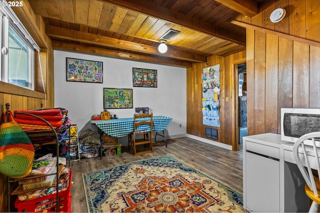 520 NW 10th St, Corvallis, OR 97330 - office area featuring visible vents, wood walls, wood finished floors, beam ceiling, and wooden ceiling