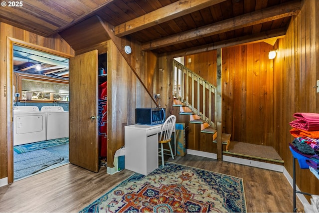 520 NW 10th St, Corvallis, OR 97330 - office area with wooden walls, wooden ceiling, independent washer and dryer, and wood finished floors