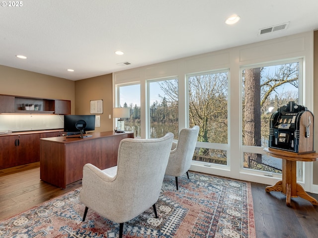 office with hardwood / wood-style flooring and plenty of natural light