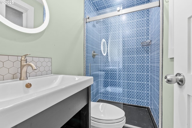 16880 Cortez Ct, Lake Oswego, OR 97035 - bathroom with a stall shower, backsplash, toilet, and vanity