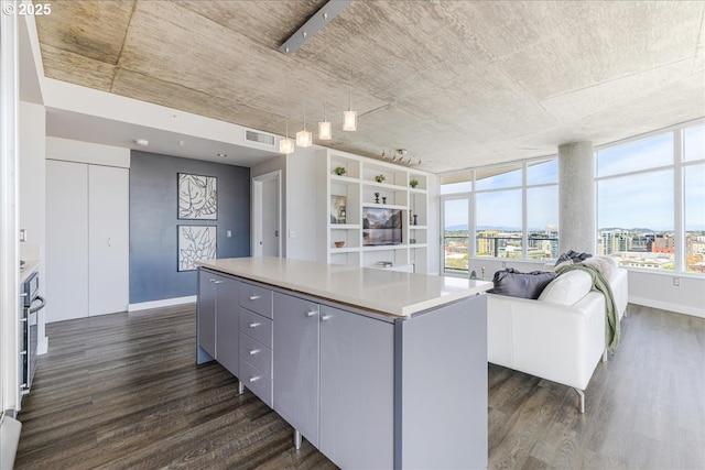 living room with dark wood-style floors and baseboards