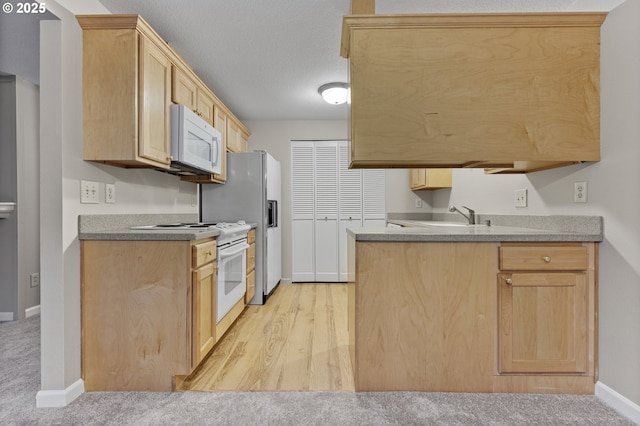 kitchen featuring light brown cabinetry, white appliances, light colored carpet, and sink