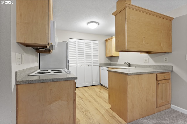 kitchen with light brown cabinets, white appliances, sink, light hardwood / wood-style flooring, and a textured ceiling