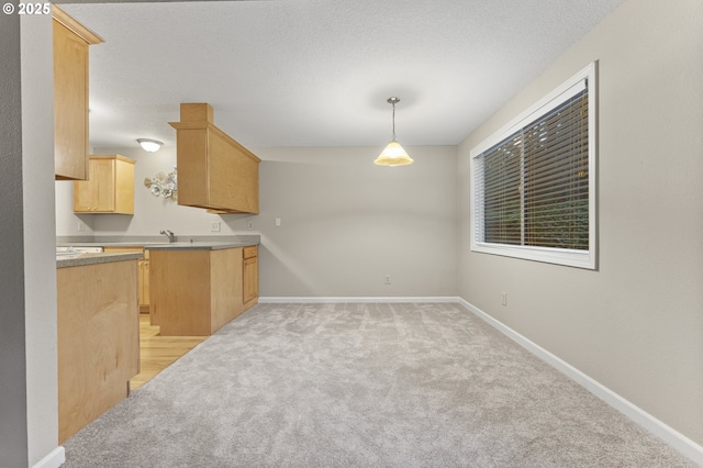 kitchen with light carpet, light brown cabinetry, decorative light fixtures, and sink