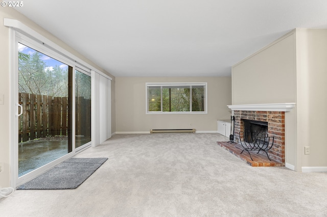 unfurnished living room with light colored carpet, baseboard heating, and a fireplace