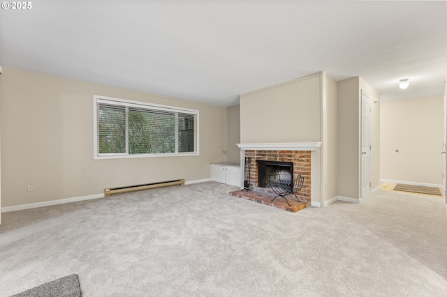 unfurnished living room featuring light carpet, a brick fireplace, and baseboard heating