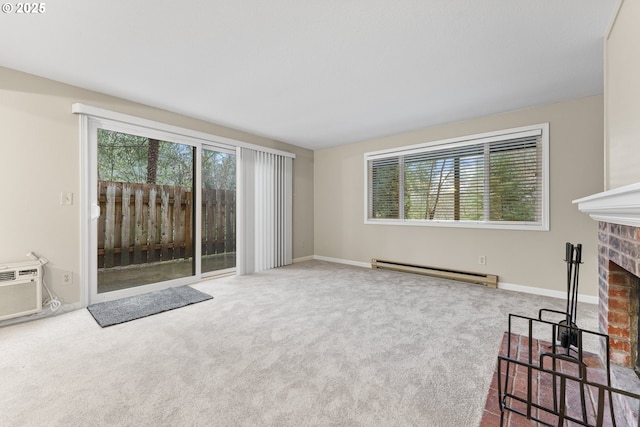 carpeted living room with a fireplace and baseboard heating