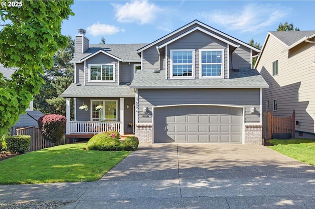 craftsman inspired home featuring covered porch, a shingled roof, a chimney, and a garage