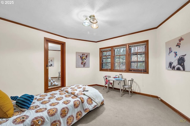 carpeted bedroom with baseboards and ornamental molding