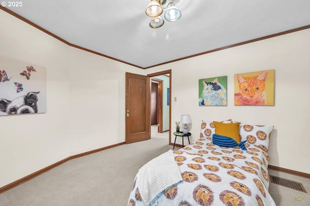 bedroom featuring visible vents, baseboards, carpet, and ornamental molding