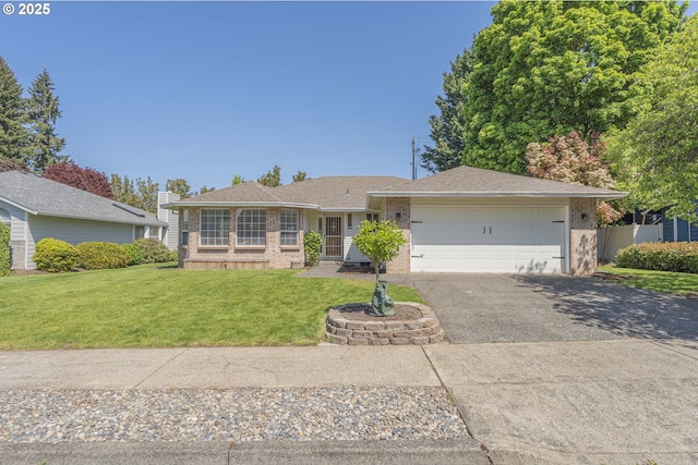 ranch-style house featuring a front lawn, roof with shingles, brick siding, an attached garage, and driveway