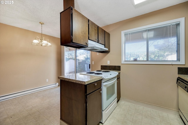 kitchen with dark brown cabinetry, a textured ceiling, pendant lighting, white appliances, and a baseboard heating unit