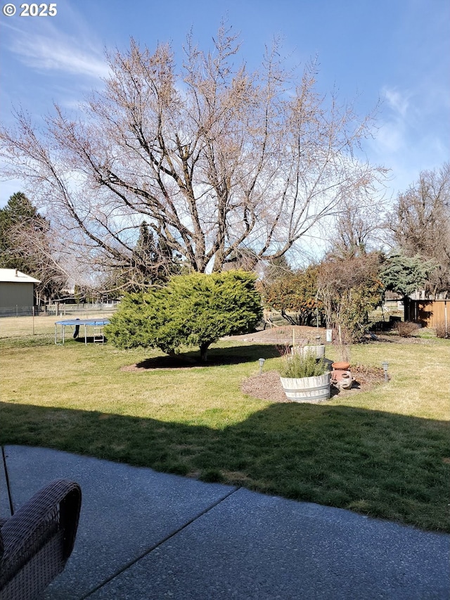 view of yard featuring a trampoline and fence