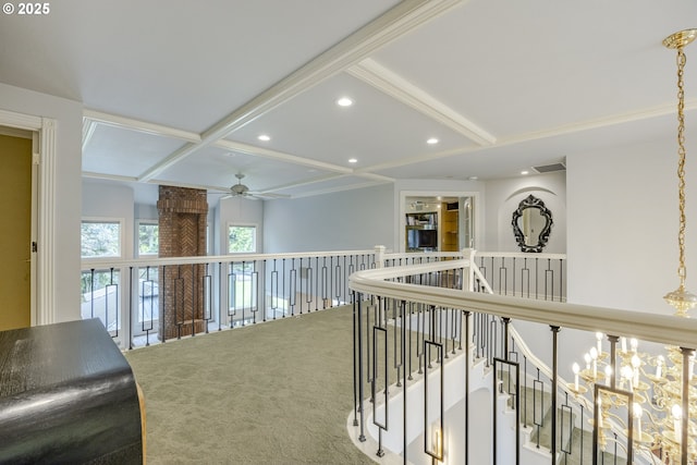 1564 Regency Dr, Eugene, OR 97401 - hall featuring carpet flooring, an upstairs landing, beam ceiling, recessed lighting, and coffered ceiling
