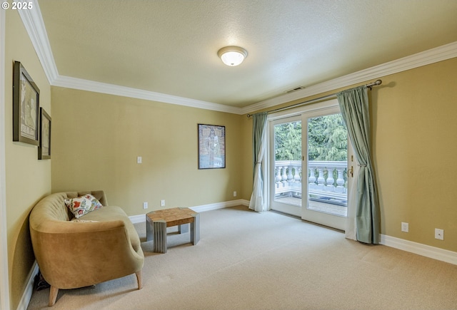 1564 Regency Dr, Eugene, OR 97401 - living area featuring ornamental molding, carpet floors, baseboards, and a textured ceiling