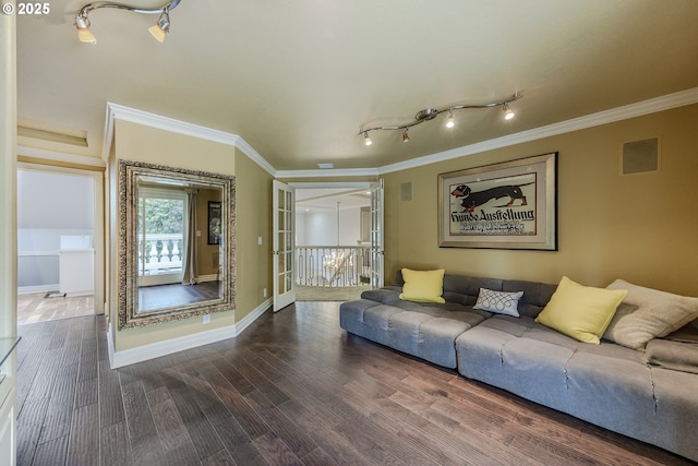 1564 Regency Dr, Eugene, OR 97401 - living room featuring ornamental molding, dark wood-type flooring, and baseboards