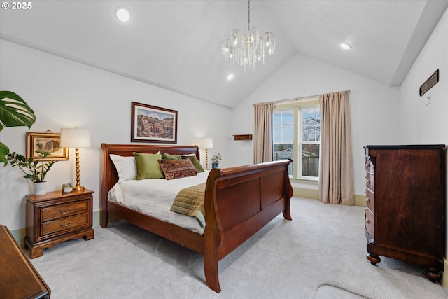 bedroom with recessed lighting, vaulted ceiling, a notable chandelier, and light colored carpet