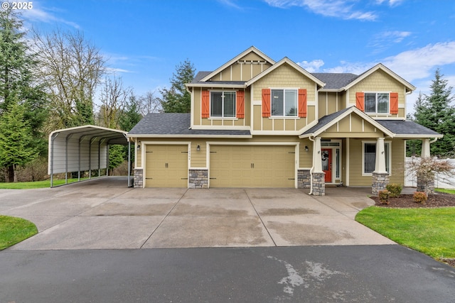 craftsman-style home featuring a carport, stone siding, and concrete driveway