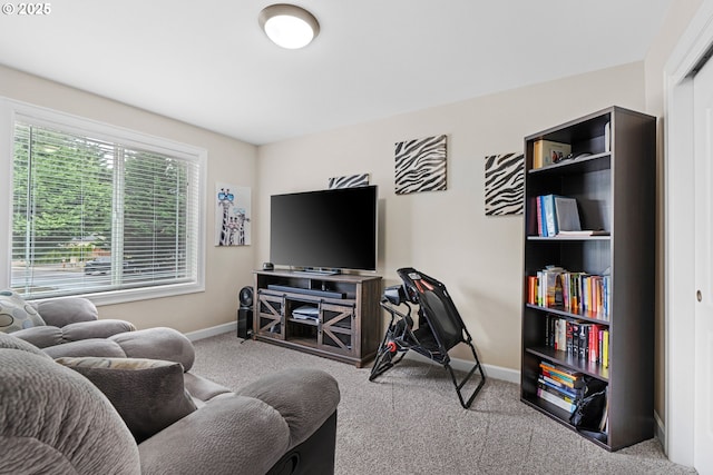 living room featuring carpet flooring and baseboards