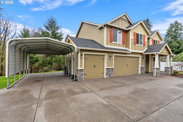 craftsman house featuring a carport, concrete driveway, a garage, stone siding, and board and batten siding