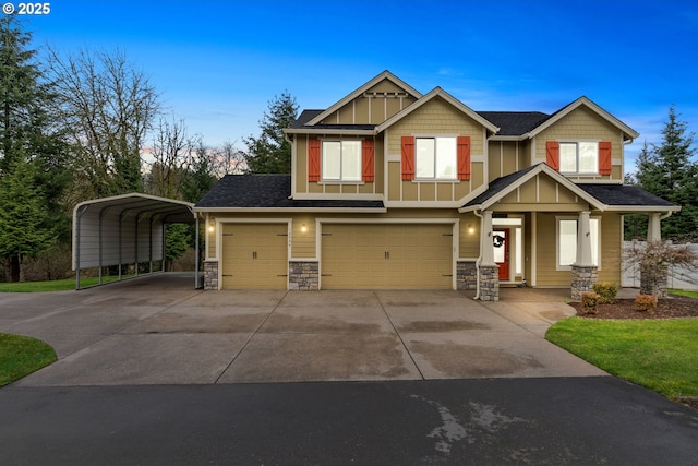 craftsman house with a carport, stone siding, an attached garage, and concrete driveway