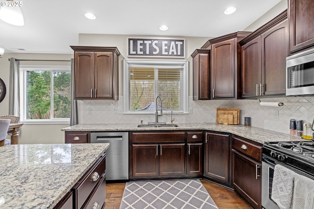 kitchen featuring wood finished floors, dark brown cabinets, stainless steel appliances, and a sink