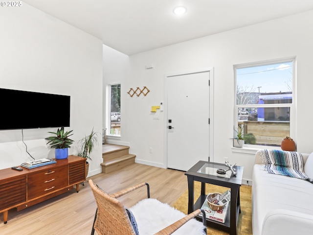 living room featuring a healthy amount of sunlight and light hardwood / wood-style flooring