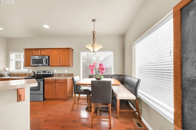 kitchen with pendant lighting, hardwood / wood-style flooring, and stainless steel appliances